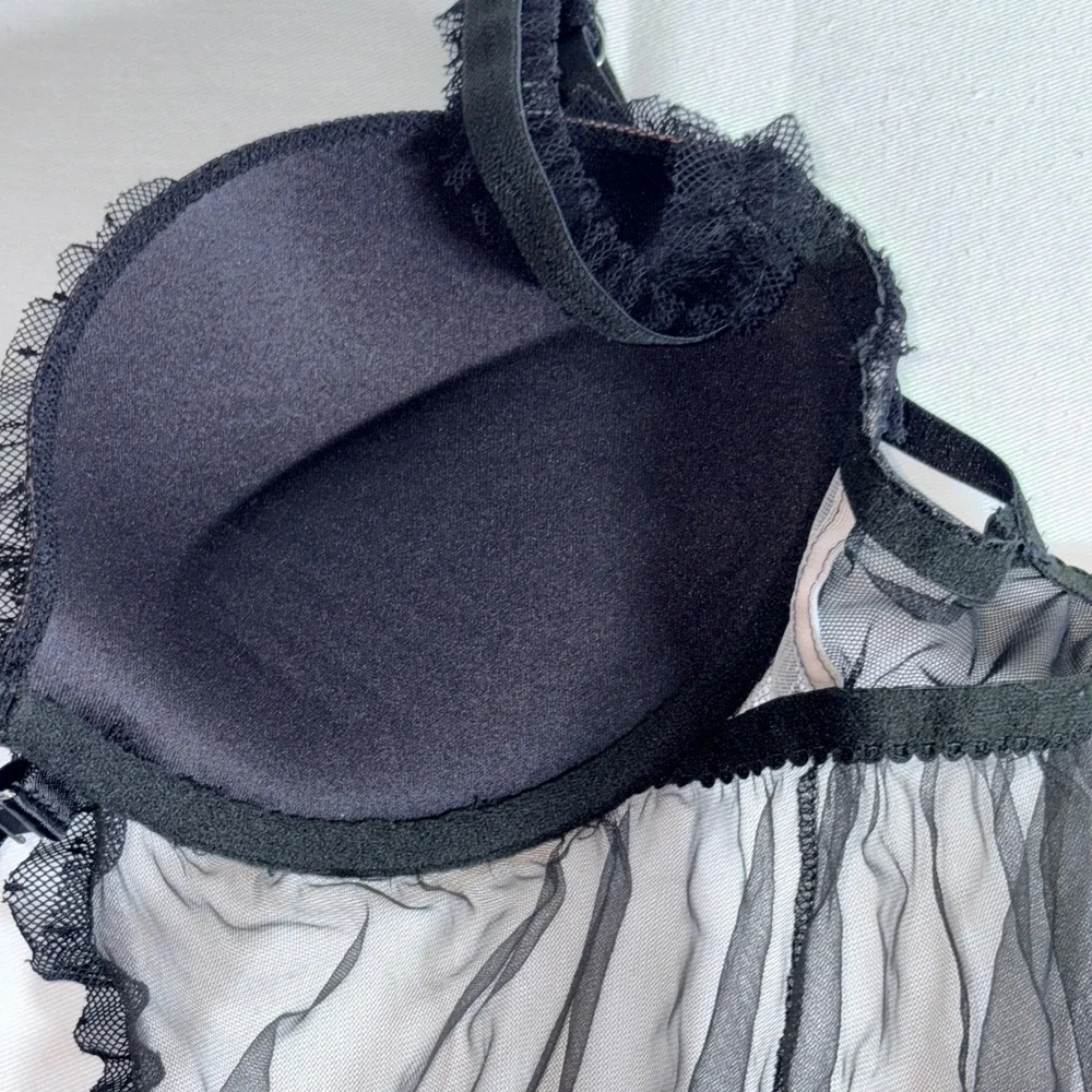Victoria's Secret Babydoll Lingerie 34D Black Excellent Mesh Lace Ruffle Trim